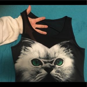 Black Sleeveless Bodysuit, Cat Design, Sheer Top